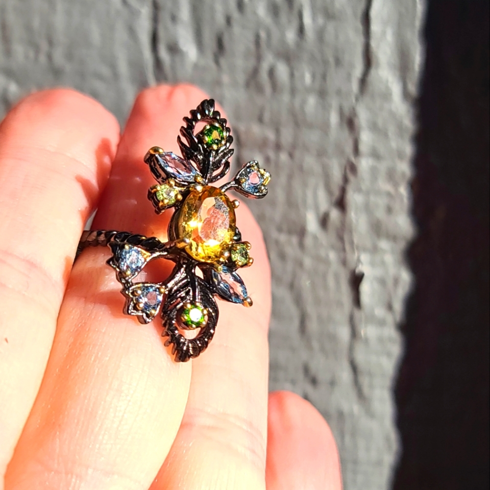 Citrine Topaz & Chrome Diopside sterling & gold floral ring sz7.5